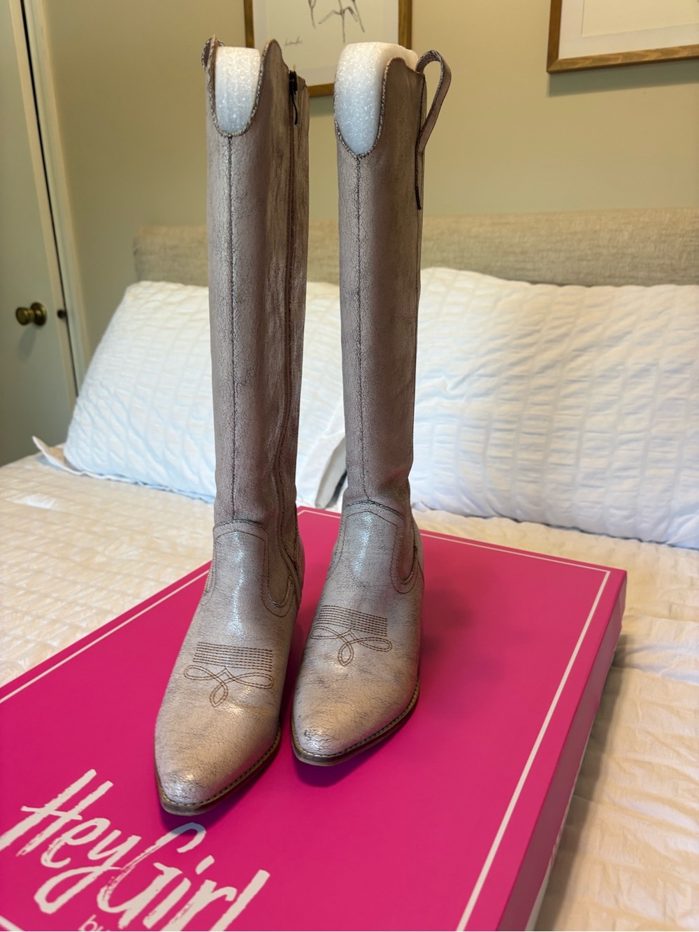 Metallic Taupe Over-the-Knee Western Boots - Women